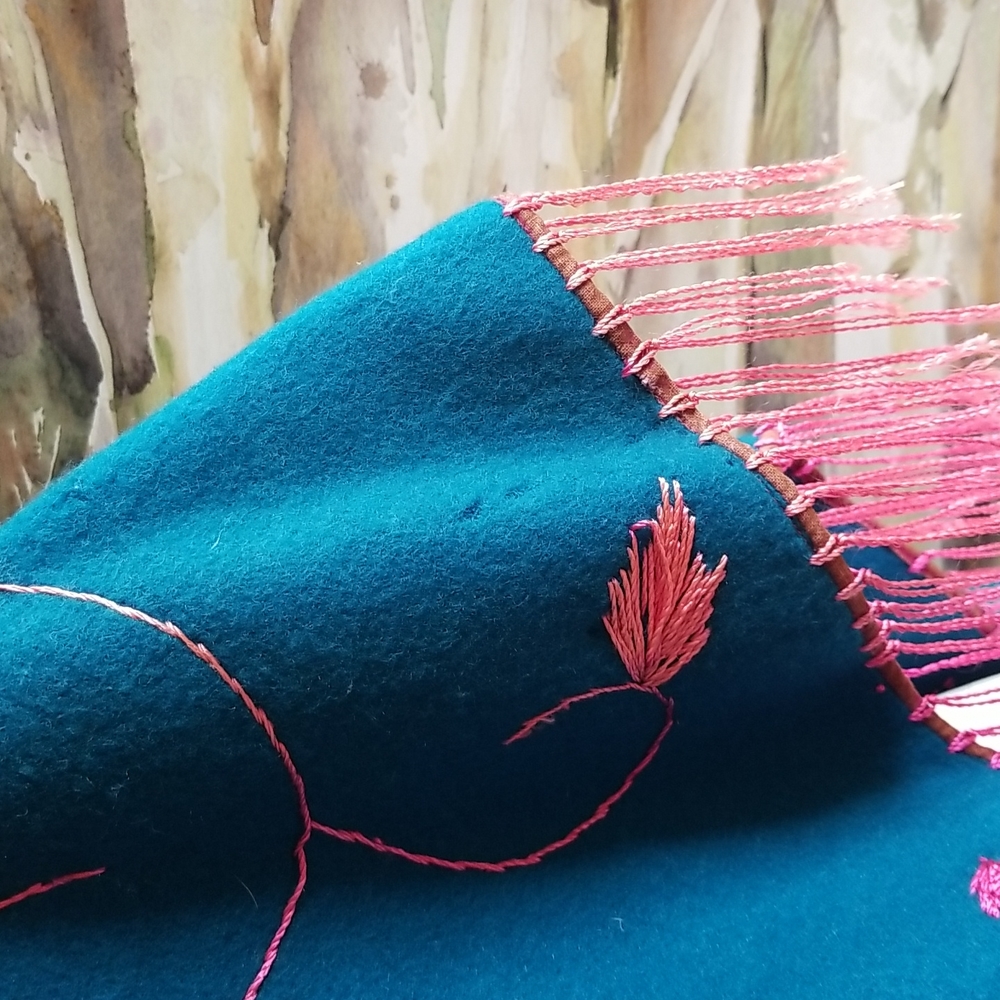 60's Hippie Fringe Teal Wool Pink Hand Embroidery Cape Shawl Poncho GUVC OSFA - Picture 10 of 12